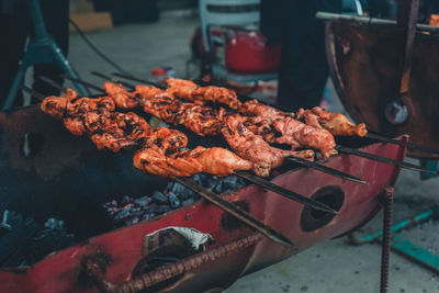 Close-up of meat on barbecue grill