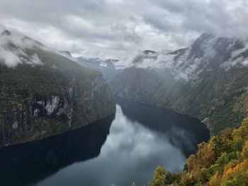 Scenic view of river and mountains against sky