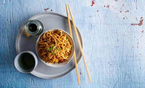 High angle view of noodles in bowl on table