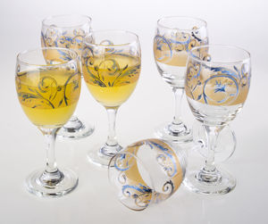Close-up of wine glasses on white background