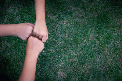 Cropped image of person hand on grass