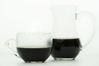 Close-up of coffee cup on table against white background