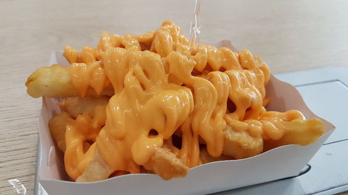 High angle view of pasta in plate on table