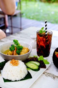 High angle view of food and drink on table