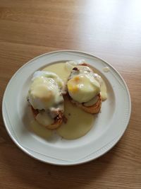 High angle view of breakfast in plate on table