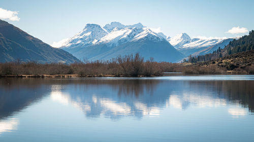 Scenic view of lake and snowcapped mountains against sky