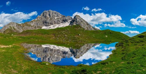 Scenic view of lake by mountains against sky