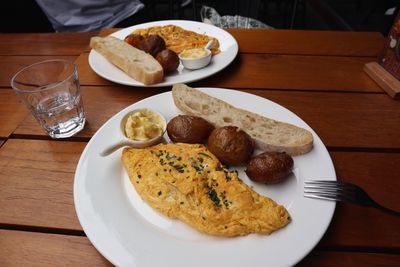 High angle view of breakfast served on table