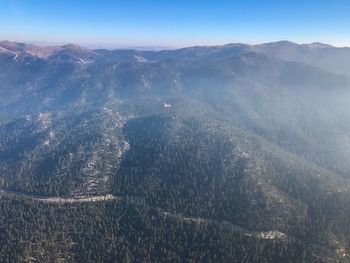 Aerial view of land and mountains against sky