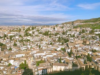 High angle shot of townscape against sky