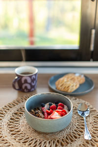 Healthy breakfast for holiday morning. in the cabin, in the nature.
