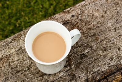 High angle view of coffee cup on table