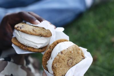 Close-up of hand holding ice cream sandwich