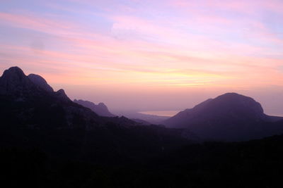 Scenic view of mountains against sky at sunset