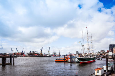 High angle view of boat at harbor against cloudy sky