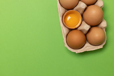 High angle view of eggs against green background