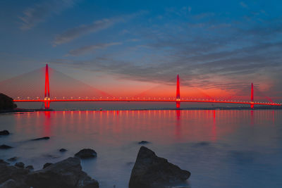 View of suspension bridge at sunset