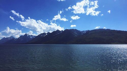 Scenic view of lake and mountains against sky