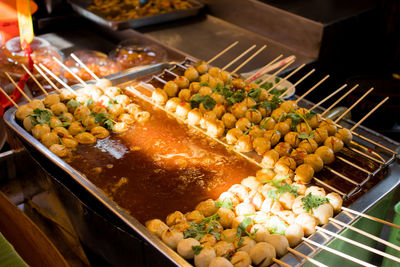 High angle view of food on barbecue grill