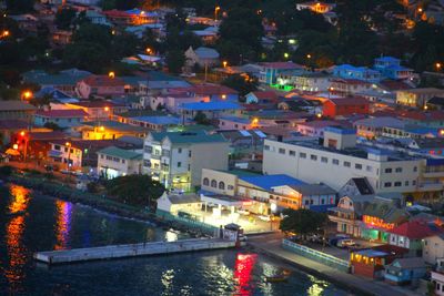 High angle view of illuminated buildings at night