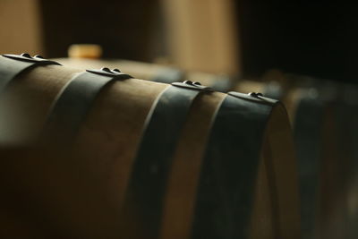 Cellar with wooden barrels to store wine, beer, rum, whiskey