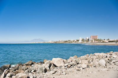 Scenic view of sea against clear blue sky