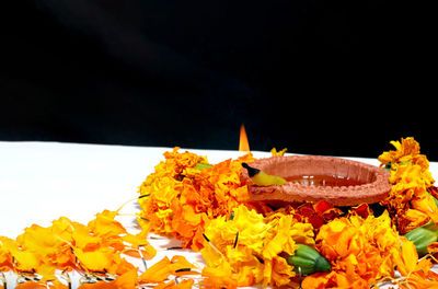 Close-up of orange marigold flowers against black background