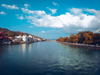 Scenic view of sea by city against sky