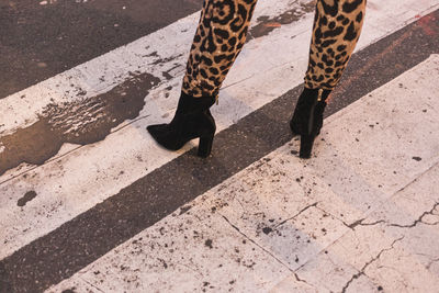 Low section of person walking on road