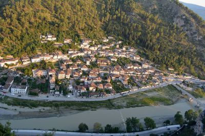 High angle view of townscape and trees in city