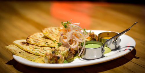 Close-up of food in plate on table