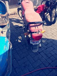 Low section of woman with bicycle on street