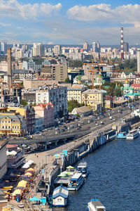 High angle view of river amidst buildings in city