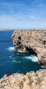 Rock formations by sea against blue sky