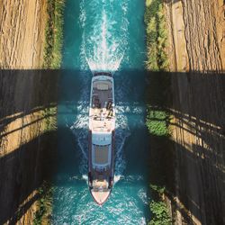 High angle view of swimming pool by river