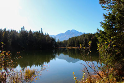 Scenic view of lake by trees against sky