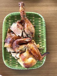 High angle view of meat in plate on table