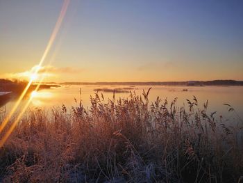Scenic view of lake against sky during sunset