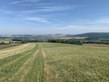 Scenic view of agricultural field against sky