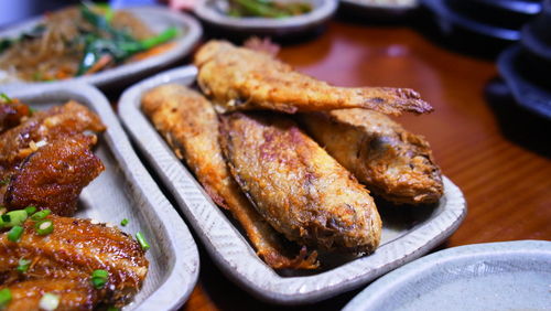 Close-up of food in plates on table