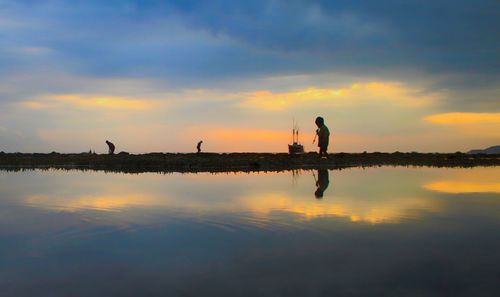 Silhouette birds on lake against sky during sunset