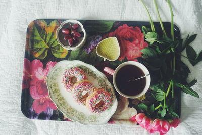 High angle view of fruits in glass on table