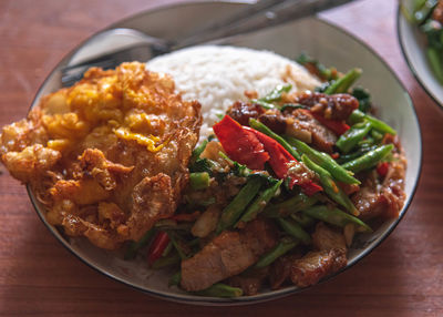 High angle view of food in plate on table