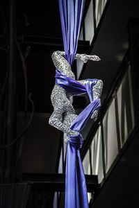 Close-up of purple hanging against wall