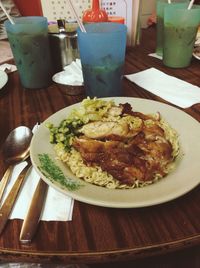 Close-up of meal served on table