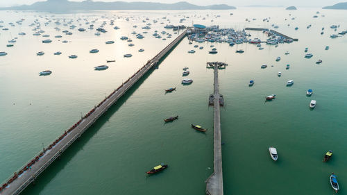 High angle view of boats in sea