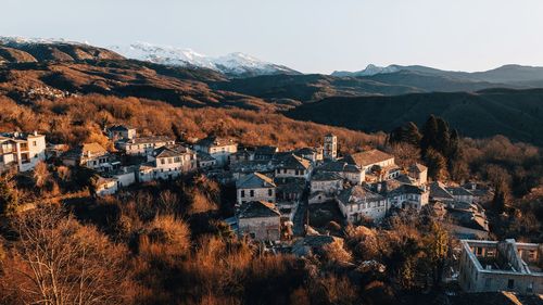 Aerial view over the mountain village dilofo in epirus 