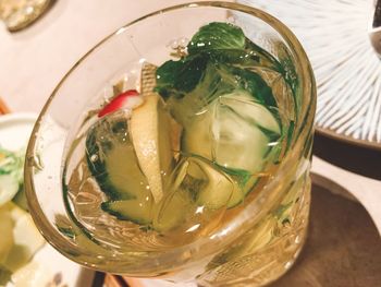 High angle view of drink in glass on table