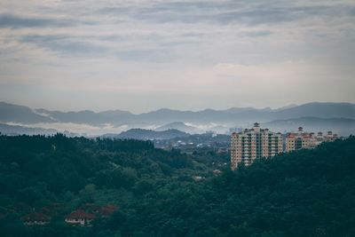 Buildings and trees in city against sky