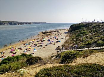 Scenic view of beach against clear sky